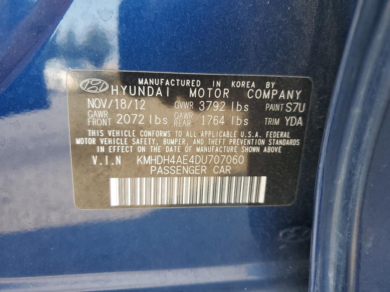 2013 Hyundai Elantra Gls VIN: KMHDH4AE4DU707060 Lot: 65143745