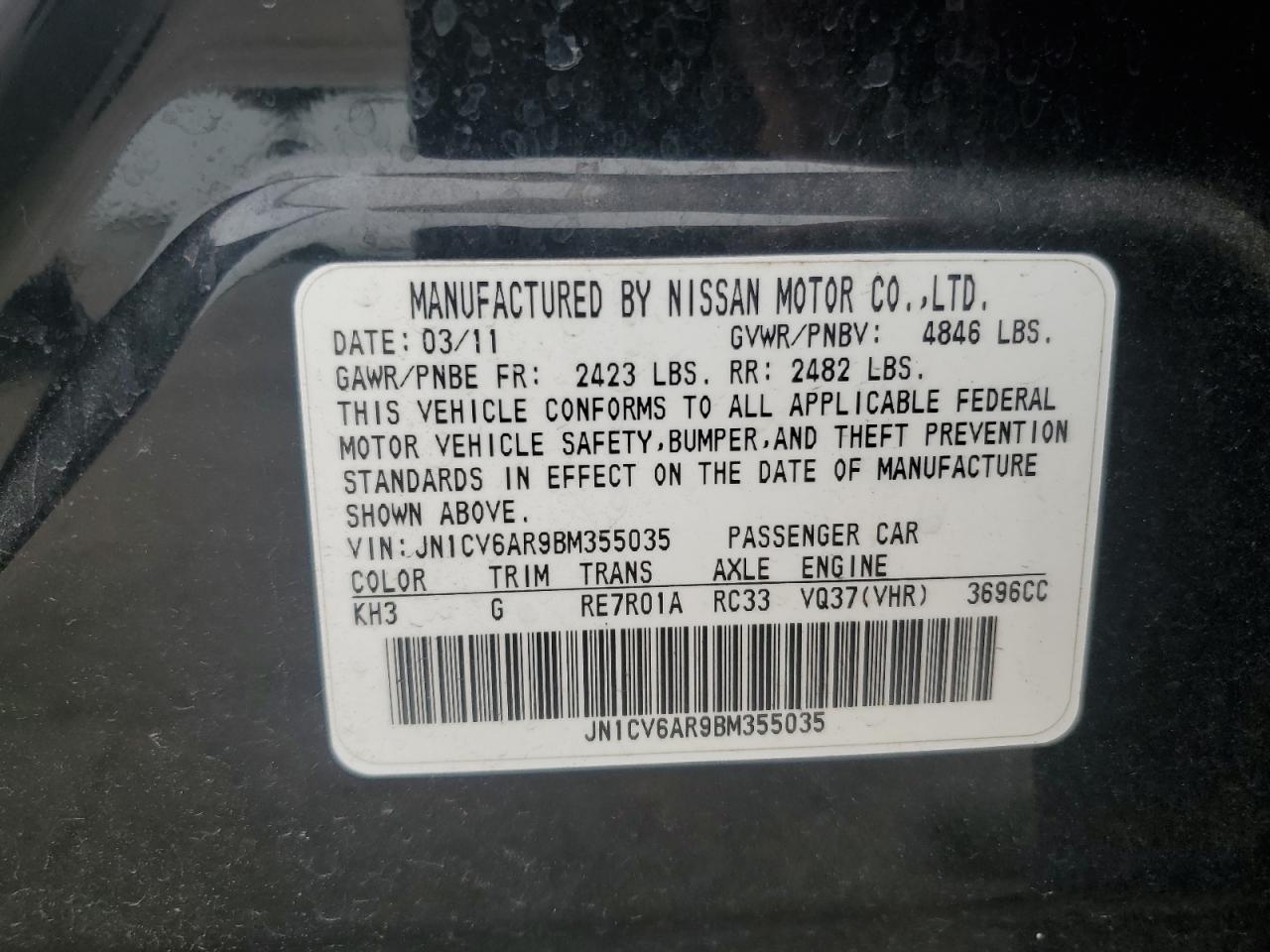 2011 Infiniti G37 VIN: JN1CV6AR9BM355035 Lot: 64293845