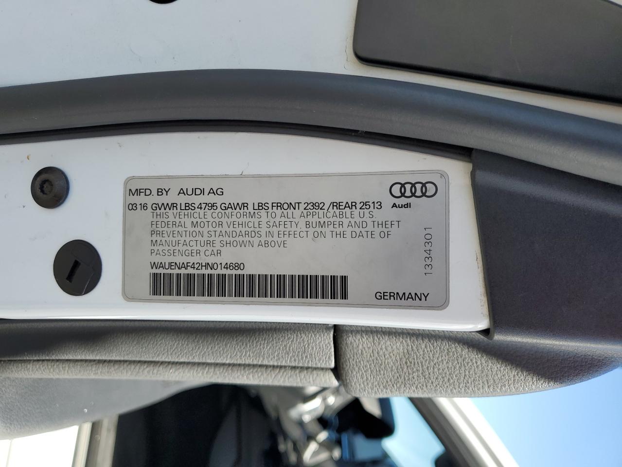 2017 Audi A4 Premium Plus VIN: WAUENAF42HN014680 Lot: 62002385