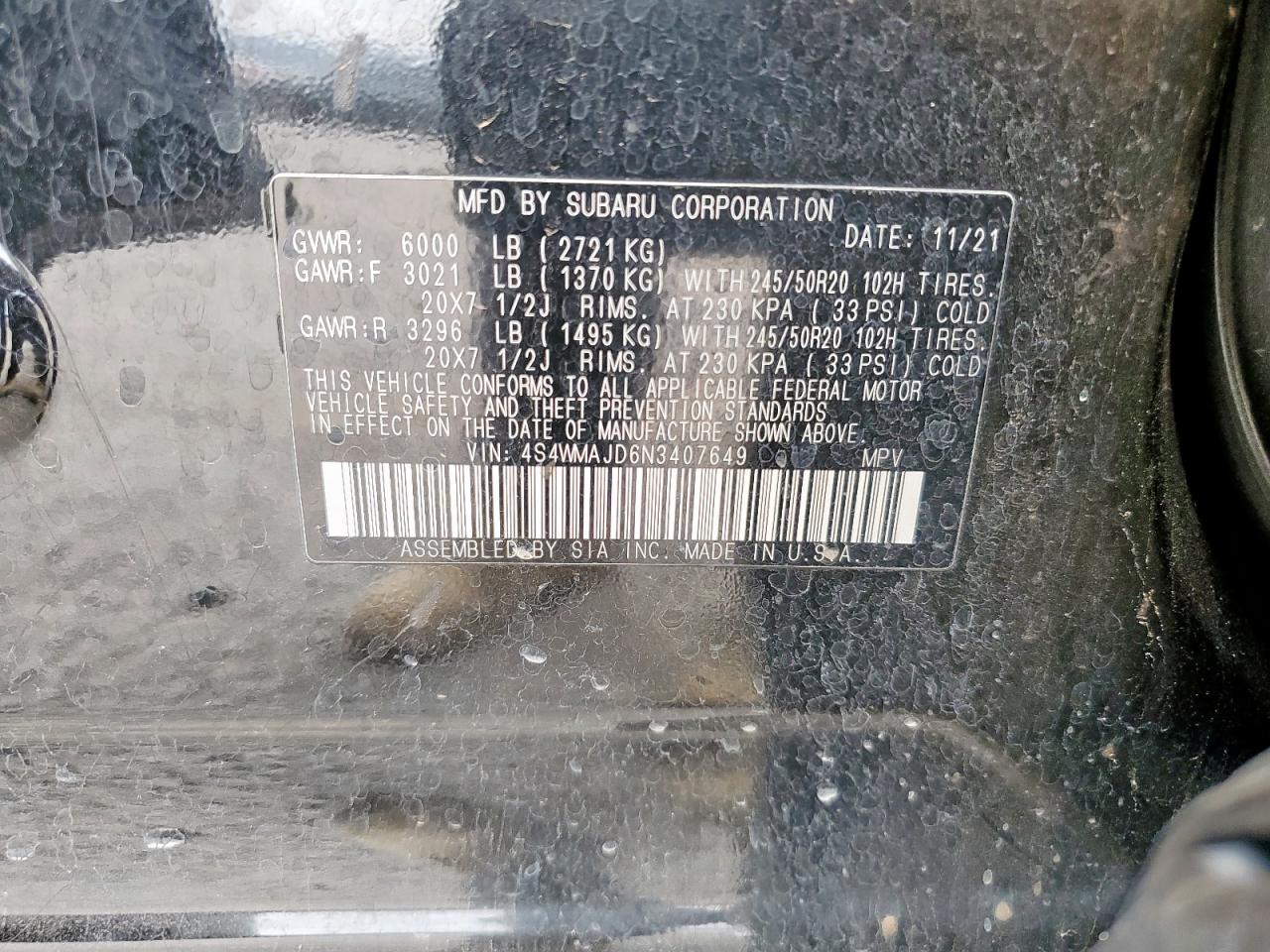 2022 Subaru Ascent Onyx Edition VIN: 4S4WMAJD6N3407649 Lot: 65703675