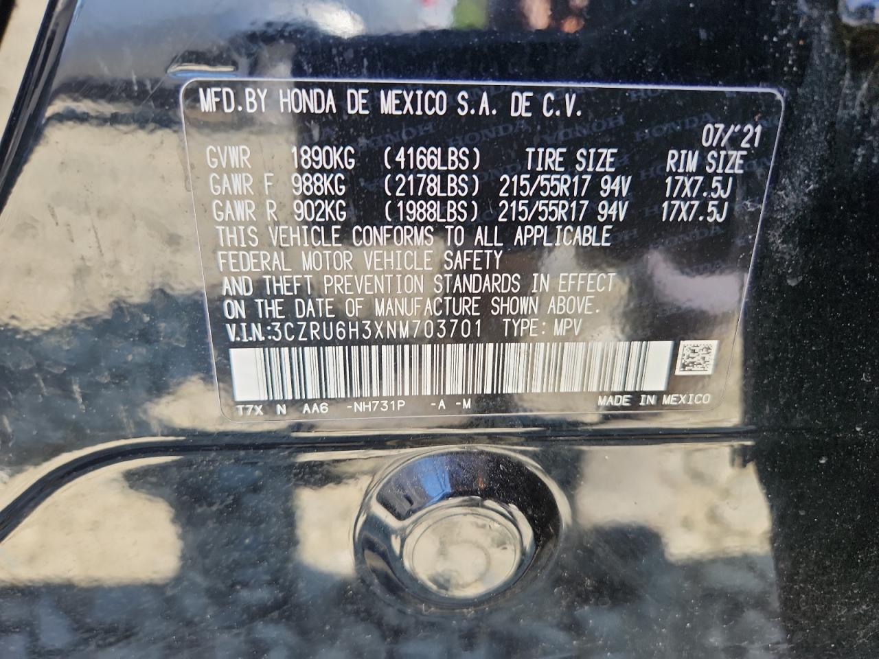 3czru6h3xnm703701 3CZRU6H3XNM703701 2022 Honda Hr-V Lx