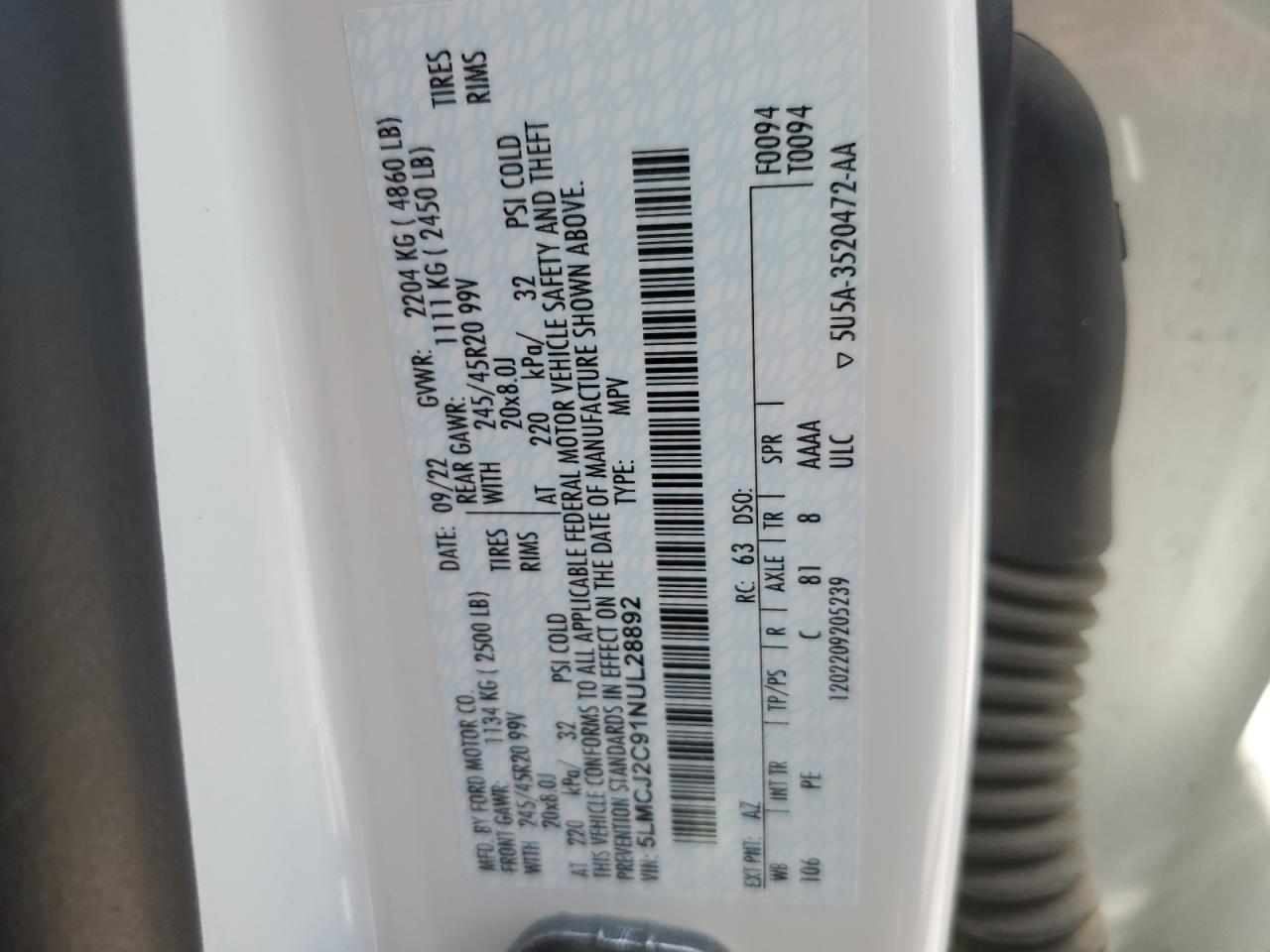 2022 Lincoln Corsair Reserve VIN: 5LMCJ2C91NUL28892 Lot: 66733155