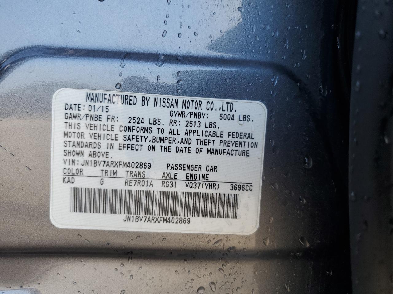 2015 Infiniti Q50 Base VIN: JN1BV7ARXFM402869 Lot: 63298485
