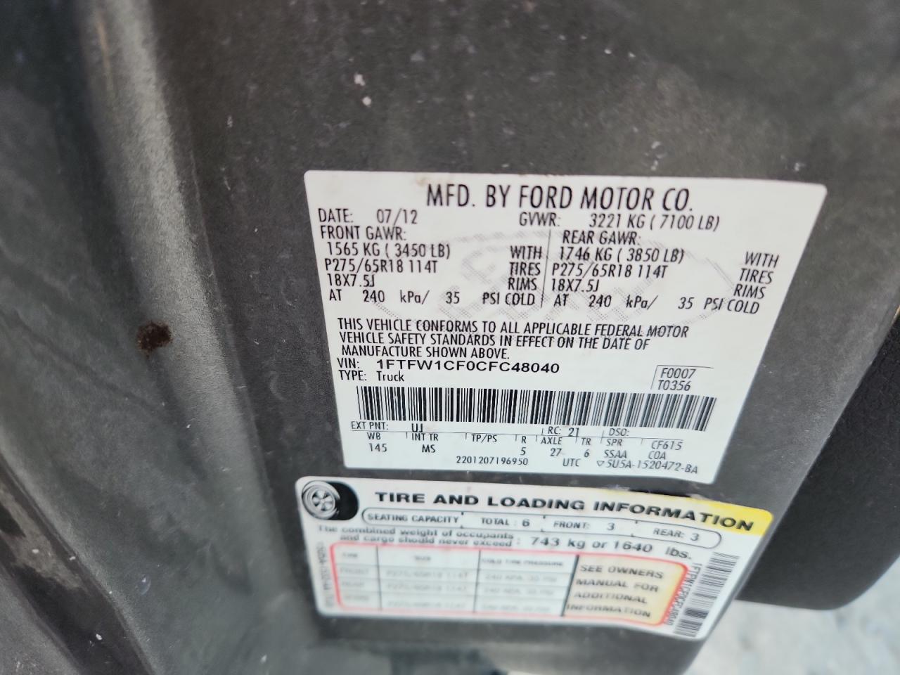2012 Ford F150 Supercrew VIN: 1FTFW1CF0CFC48040 Lot: 64452205