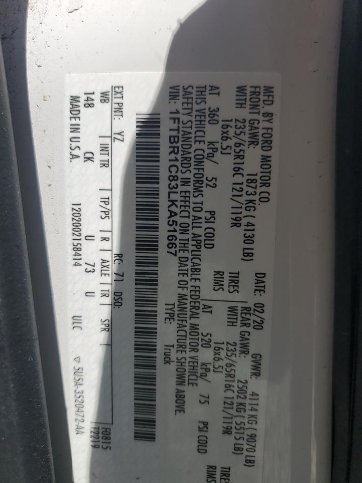 2020 Ford Transit T-250 VIN: 1FTBR1C83LKA51667 Lot: 64208465