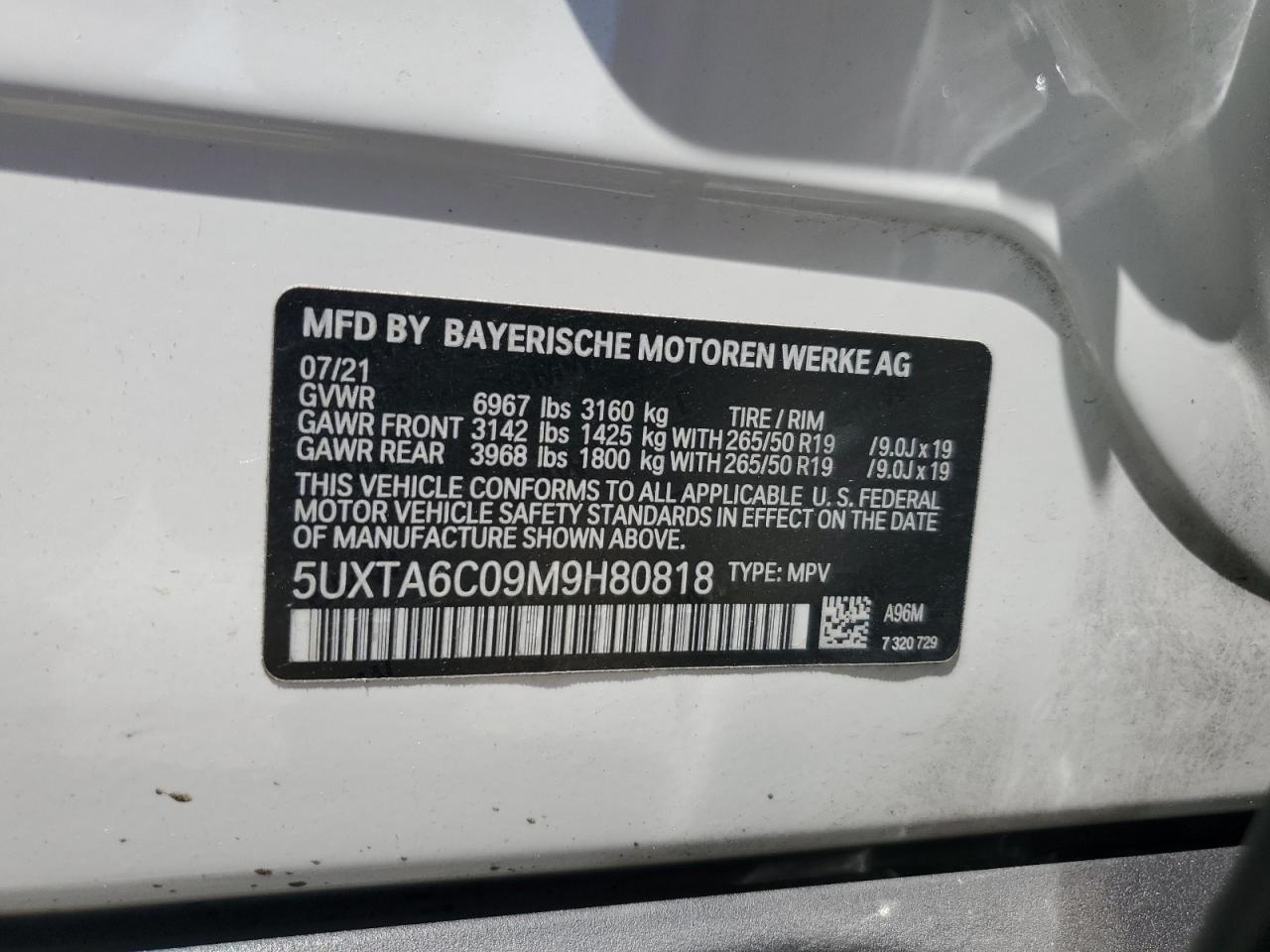 2021 BMW X5 xDrive45E VIN: 5UXTA6C09M9H80818 Lot: 65323135