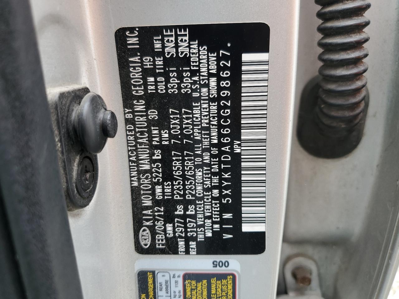 2012 Kia Sorento Base VIN: 5XYKTDA66CG298627 Lot: 62576165
