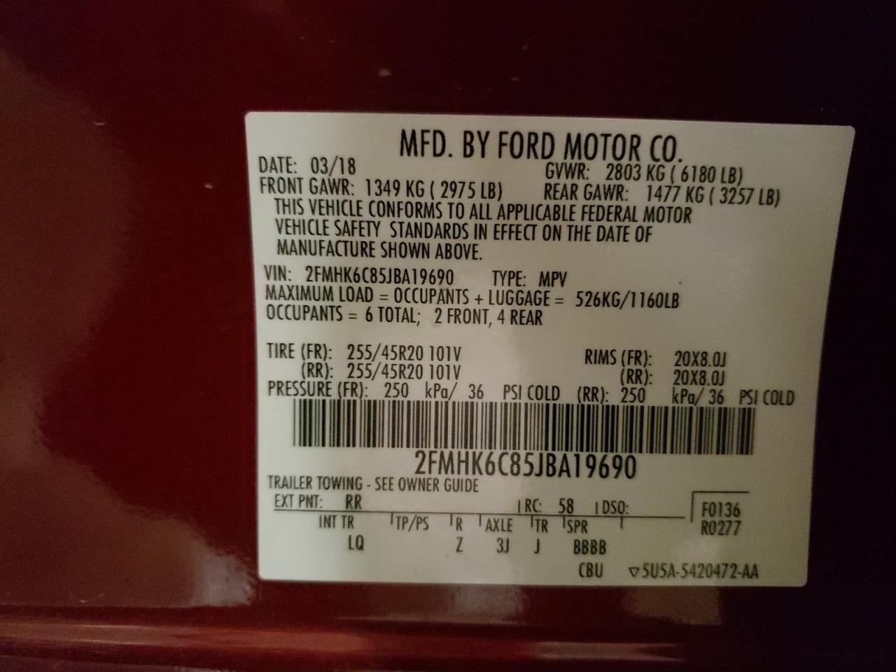 2018 Ford Flex Sel VIN: 2FMHK6C85JBA19690 Lot: 64251095