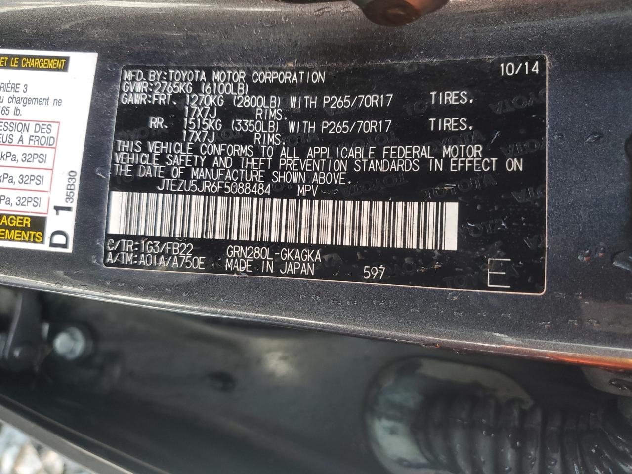 2015 Toyota 4Runner Sr5 VIN: JTEZU5JR6F5088484 Lot: 64170125