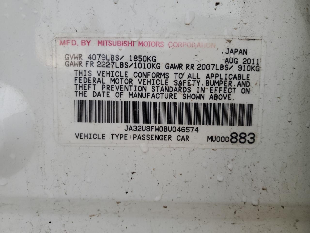 2011 Mitsubishi Lancer Gts VIN: JA32U8FW0BU046574 Lot: 64465985