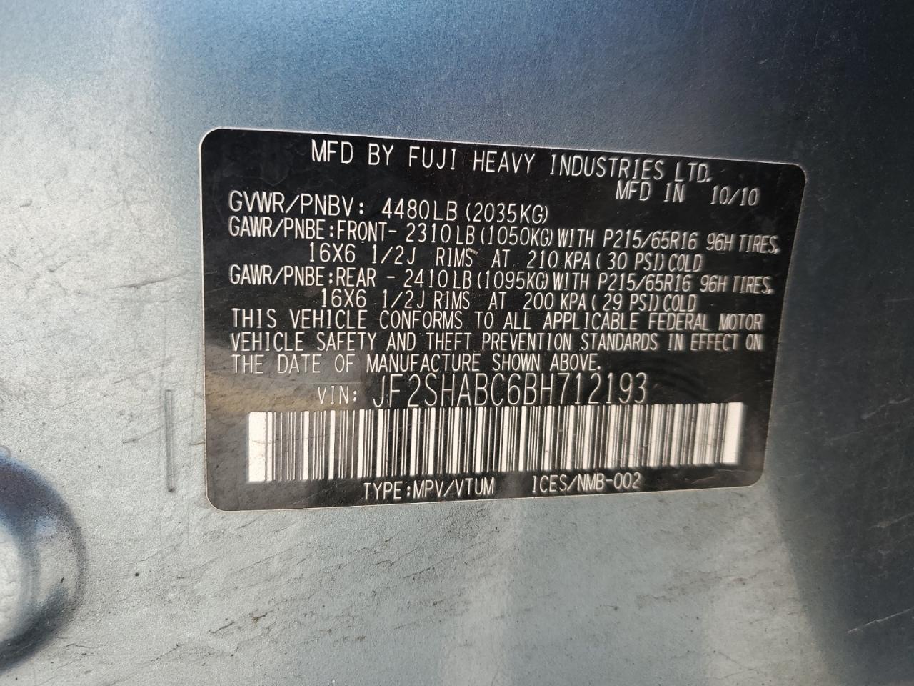 2011 Subaru Forester 2.5X VIN: JF2SHABC6BH712193 Lot: 64451245