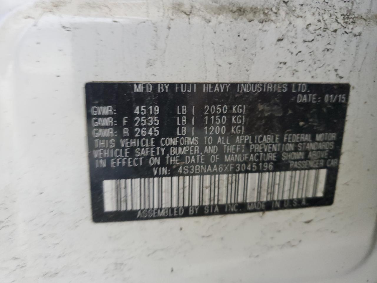 2015 Subaru Legacy 2.5I VIN: 4S3BNAA6XF3045196 Lot: 62260035