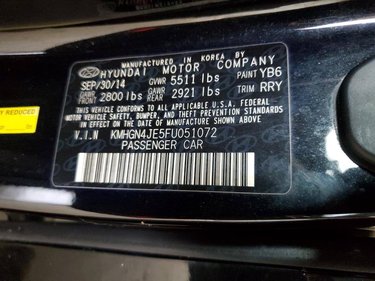 2015 Hyundai Genesis 3.8L VIN: KMHGN4JE5FU051072 Lot: 63673205