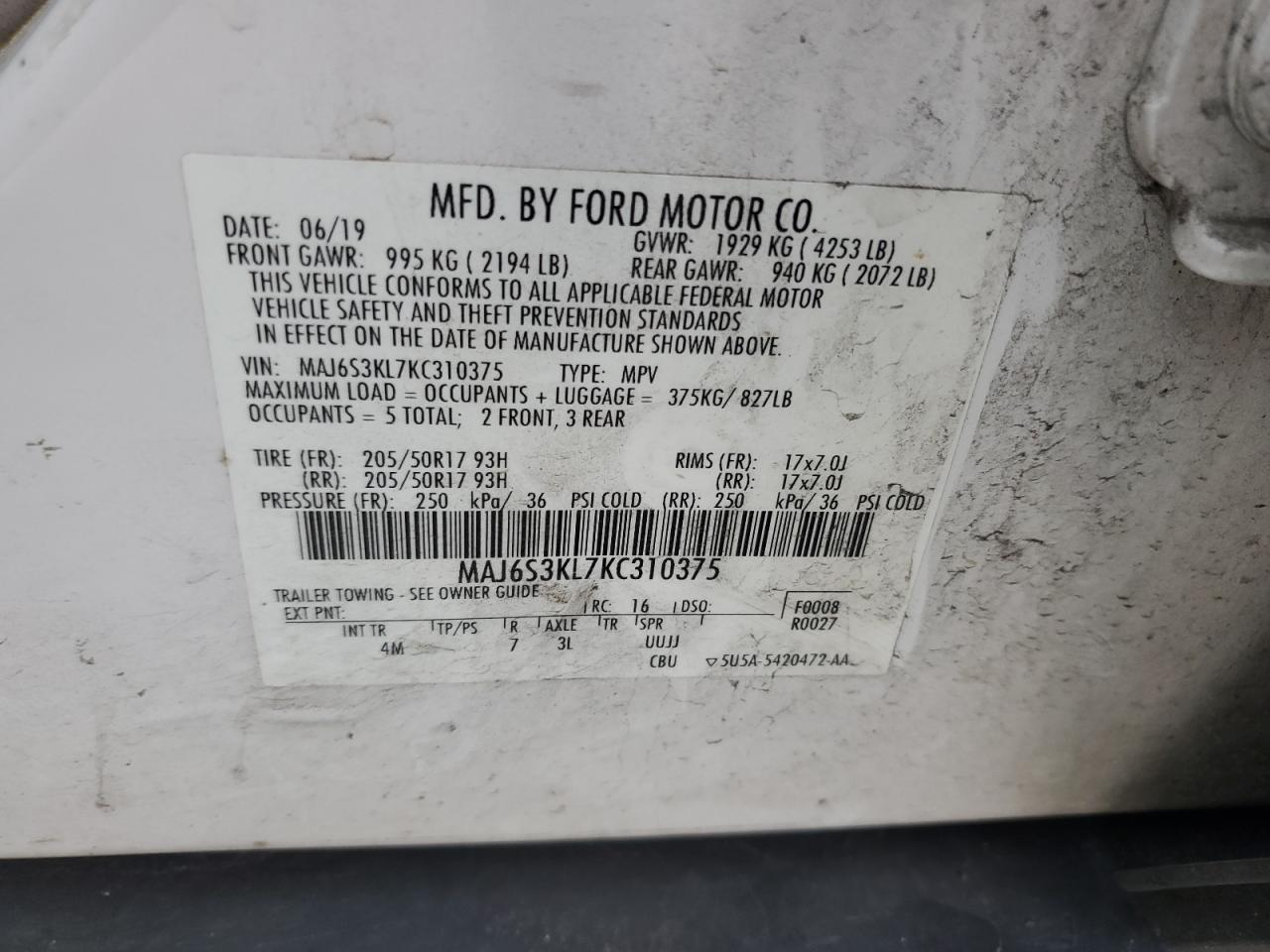 2019 Ford Ecosport Titanium VIN: MAJ6S3KL7KC310375 Lot: 65432055