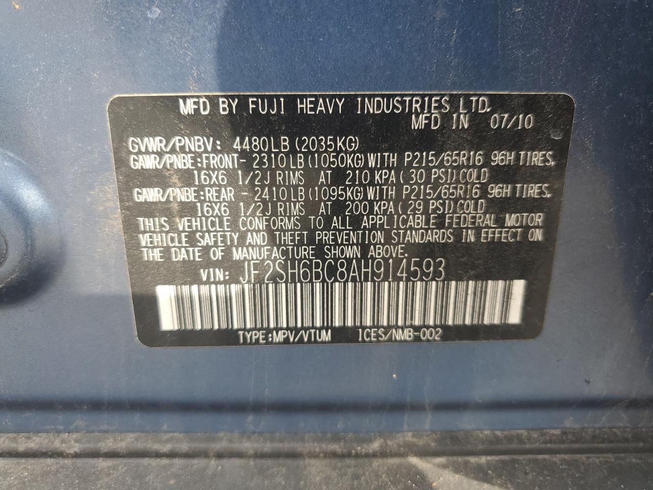 2010 Subaru Forester Xs VIN: JF2SH6BC8AH914593 Lot: 66116585