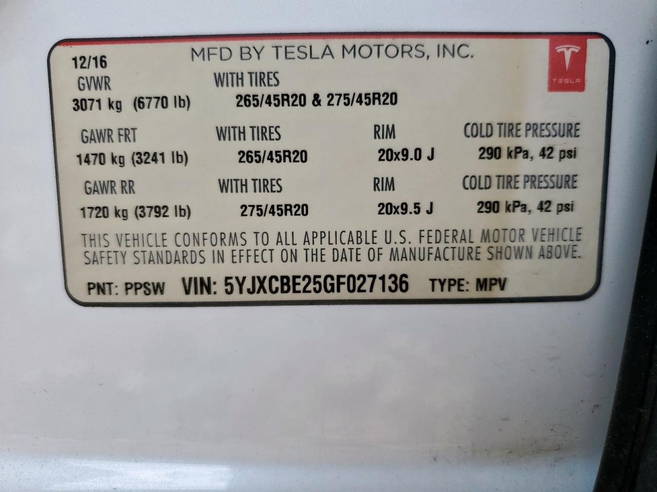 2016 Tesla Model X VIN: 5YJXCBE25GF027136 Lot: 62956355