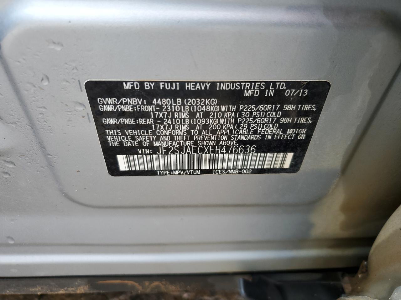 2014 Subaru Forester 2.5I Premium VIN: JF2SJAECXEH476636 Lot: 64778425