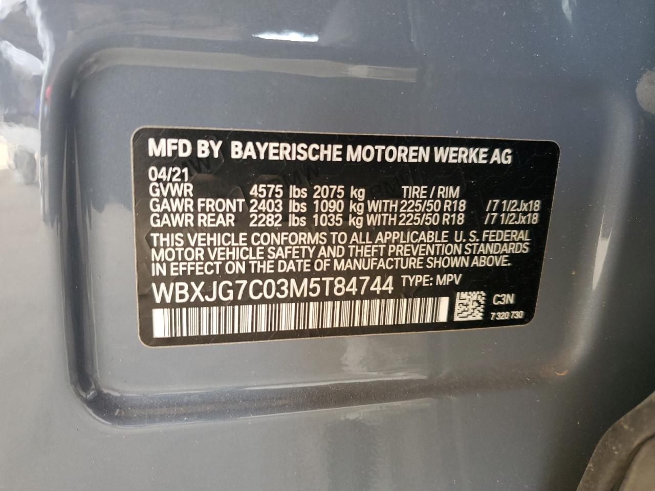 2021 BMW X1 Sdrive28I VIN: WBXJG7C03M5T84744 Lot: 64785135
