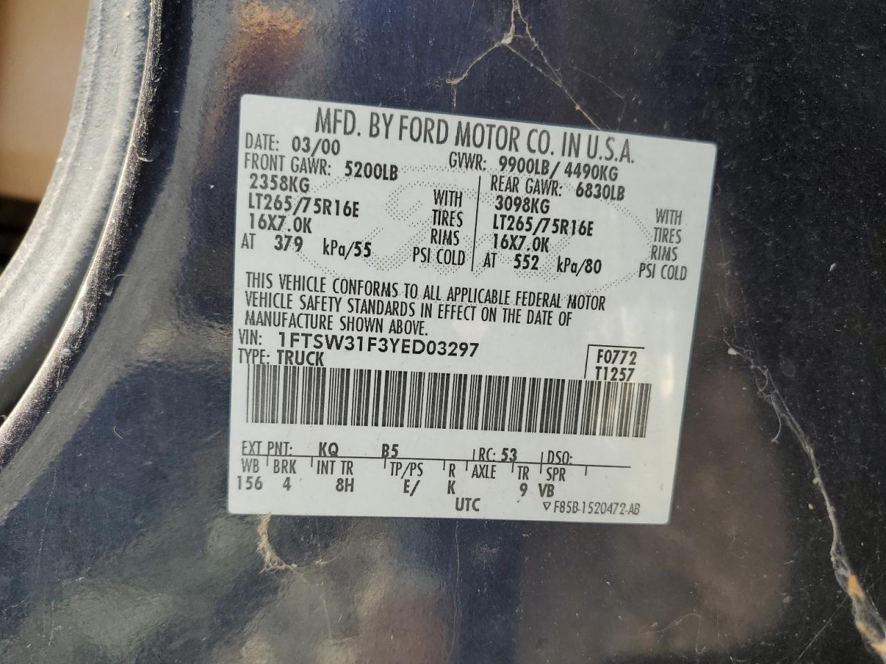 2000 Ford F350 Srw Super Duty VIN: 1FTSW31F3YED03297 Lot: 63821805