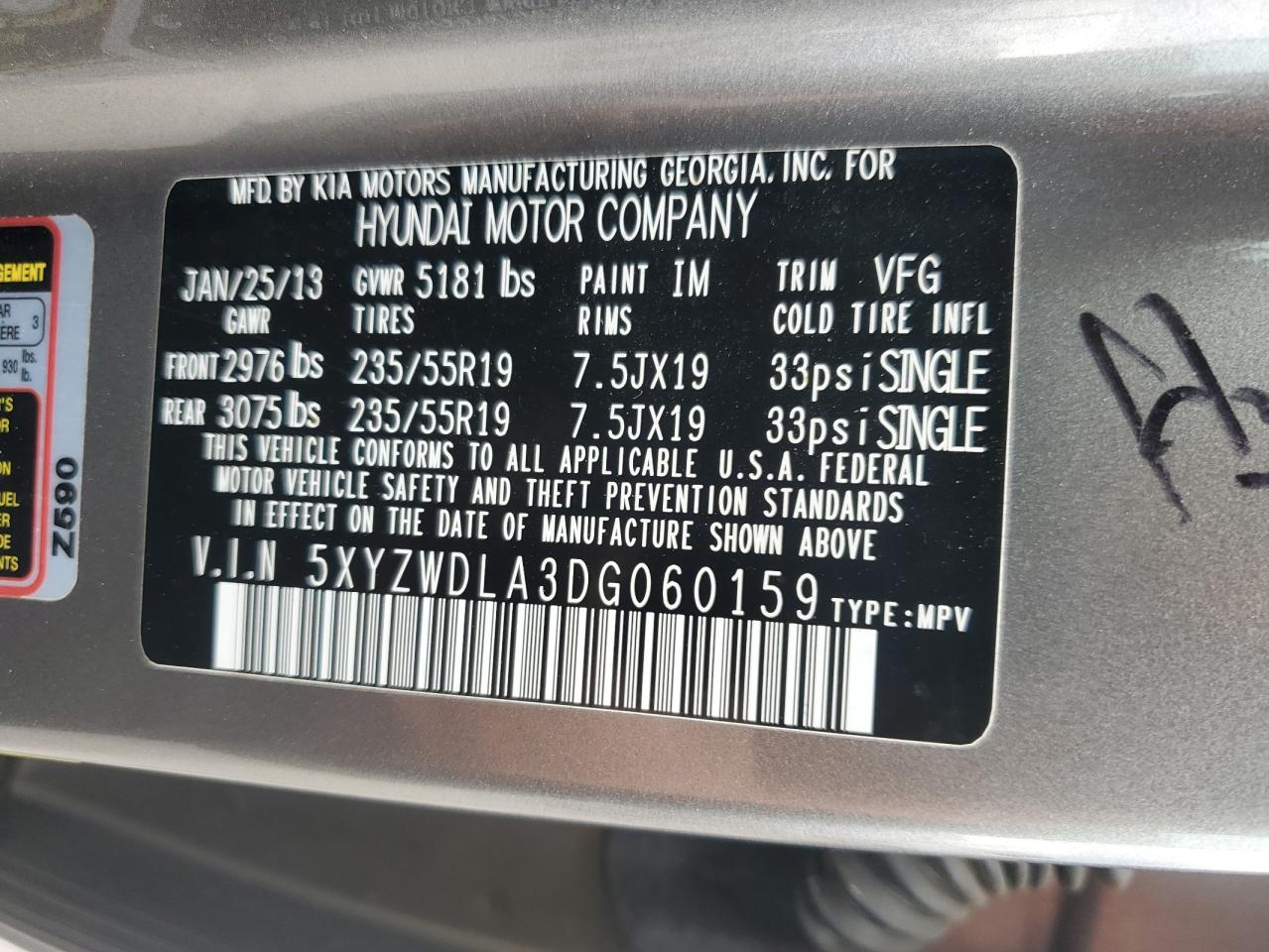 2013 Hyundai Santa Fe Sport VIN: 5XYZWDLA3DG060159 Lot: 64506995