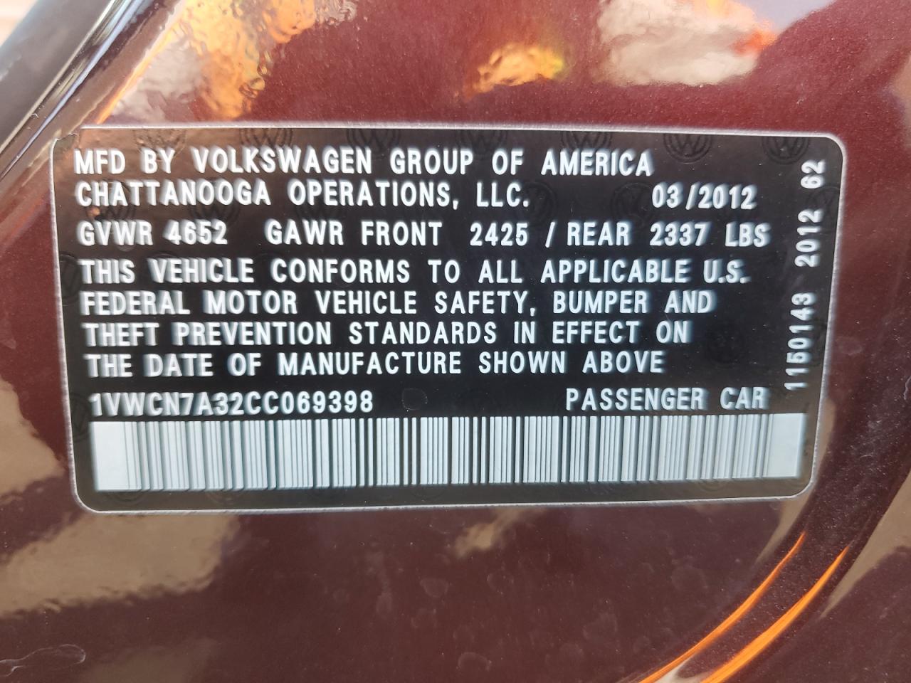 2012 Volkswagen Passat Sel VIN: 1VWCN7A32CC069398 Lot: 64592745