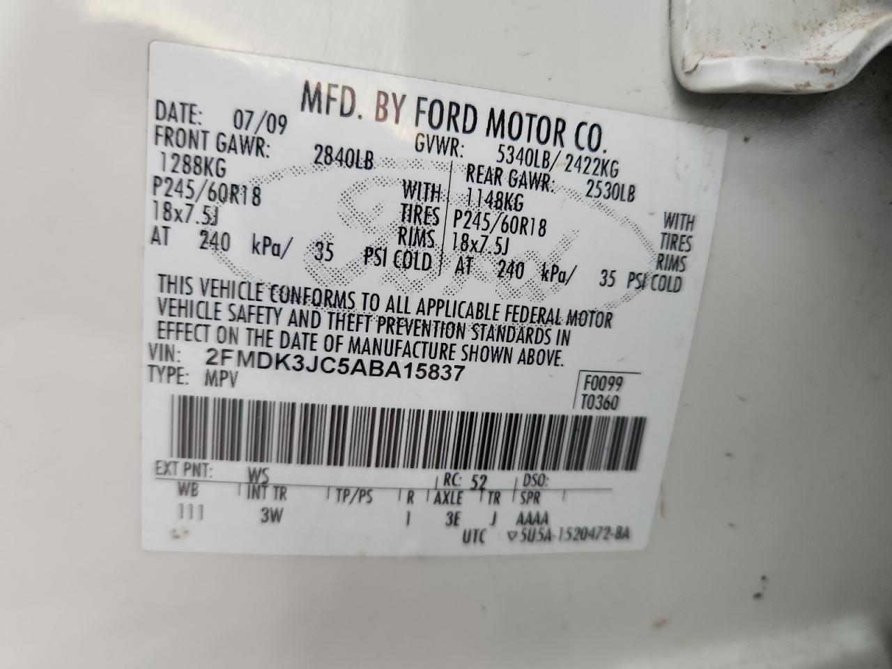 2010 Ford Edge Sel VIN: 2FMDK3JC5ABA15837 Lot: 64394205
