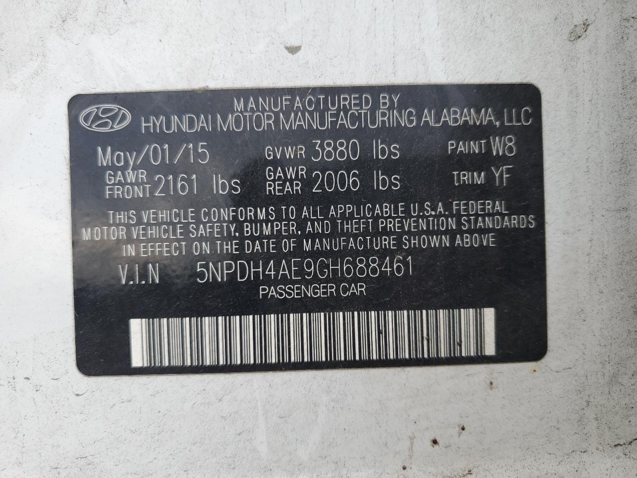 2016 Hyundai Elantra Se VIN: 5NPDH4AE9GH688461 Lot: 65547545