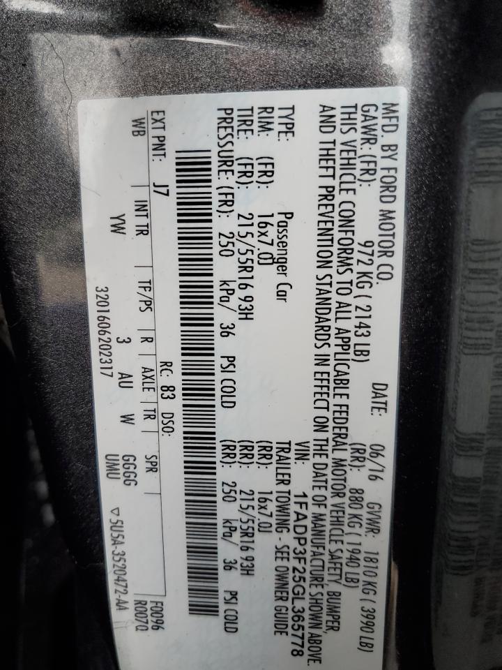 2016 Ford Focus Se VIN: 1FADP3F25GL365778 Lot: 64680635