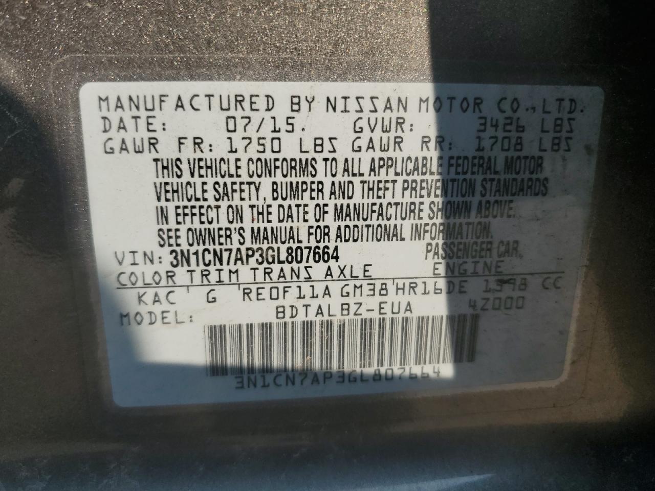 2016 Nissan Versa S VIN: 3N1CN7AP3GL807664 Lot: 64261045