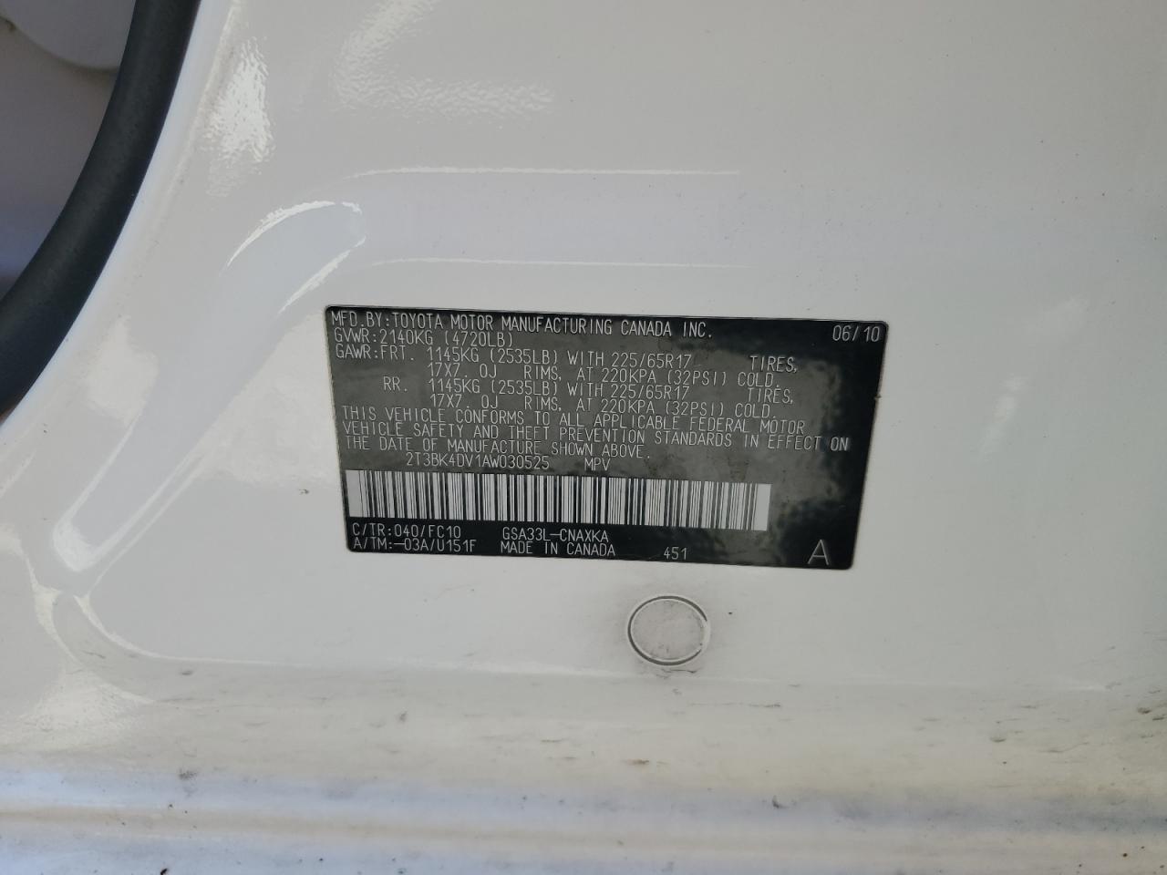 2010 Toyota Rav4 VIN: 2T3BK4DV1AW030525 Lot: 64798395