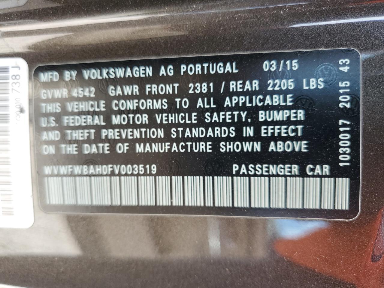 wvwfw8ah0fv003519 WVWFW8AH0FV003519 2015 Volkswagen Eos Lux