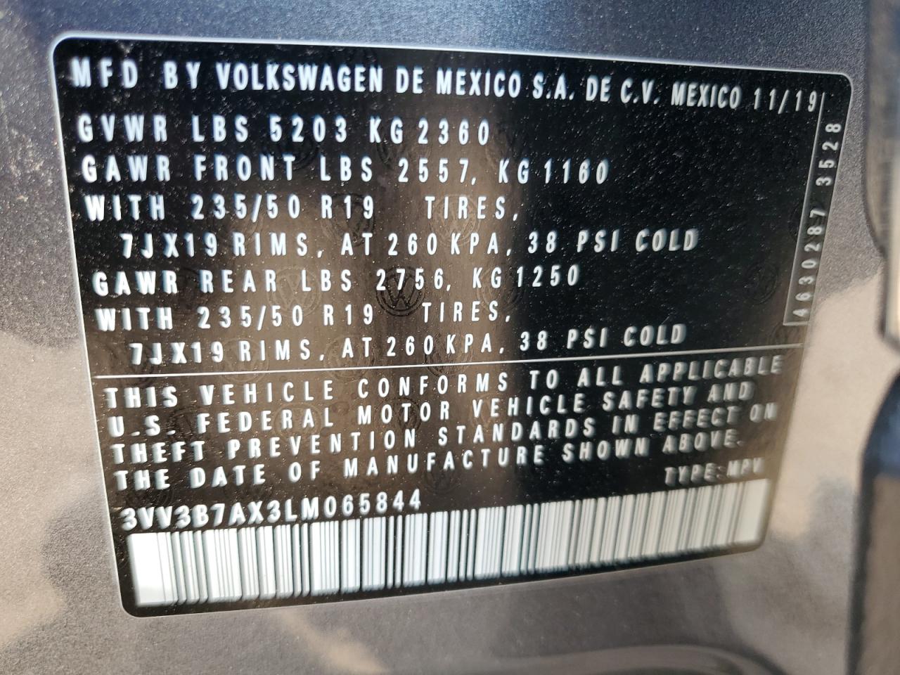 2020 Volkswagen Tiguan Se VIN: 3VV3B7AX3LM065844 Lot: 66295925