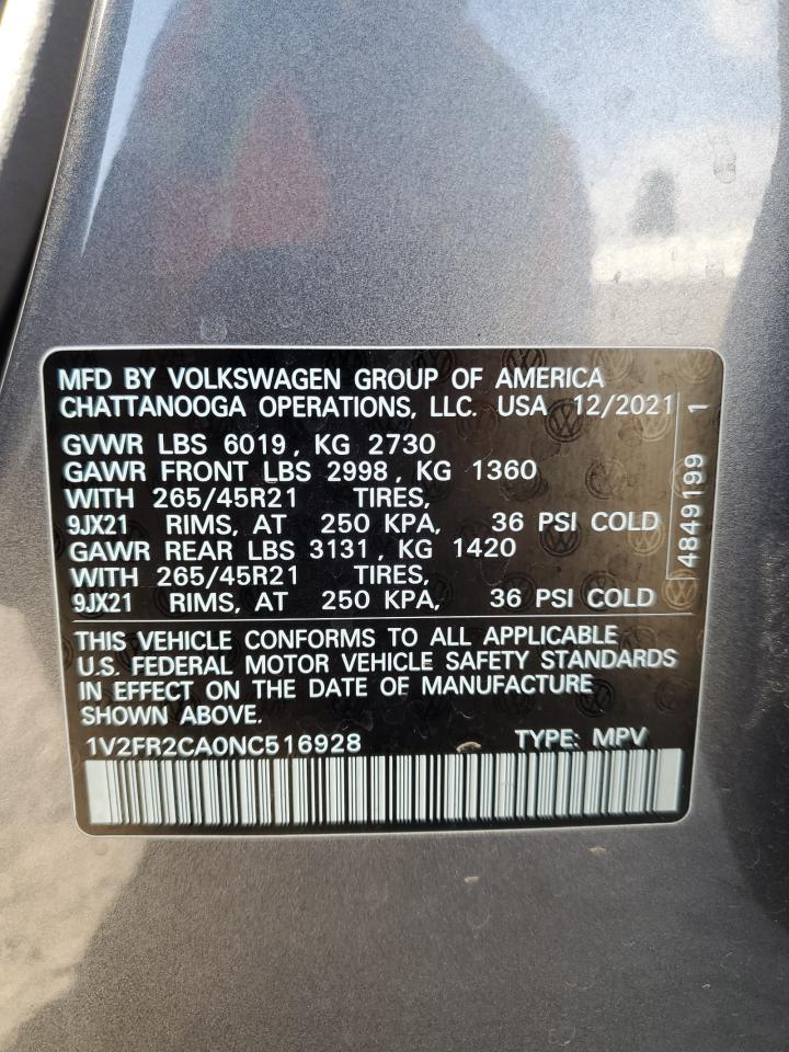2022 Volkswagen Atlas Sel Premium R-Line VIN: 1V2FR2CA0NC516928 Lot: 63591155
