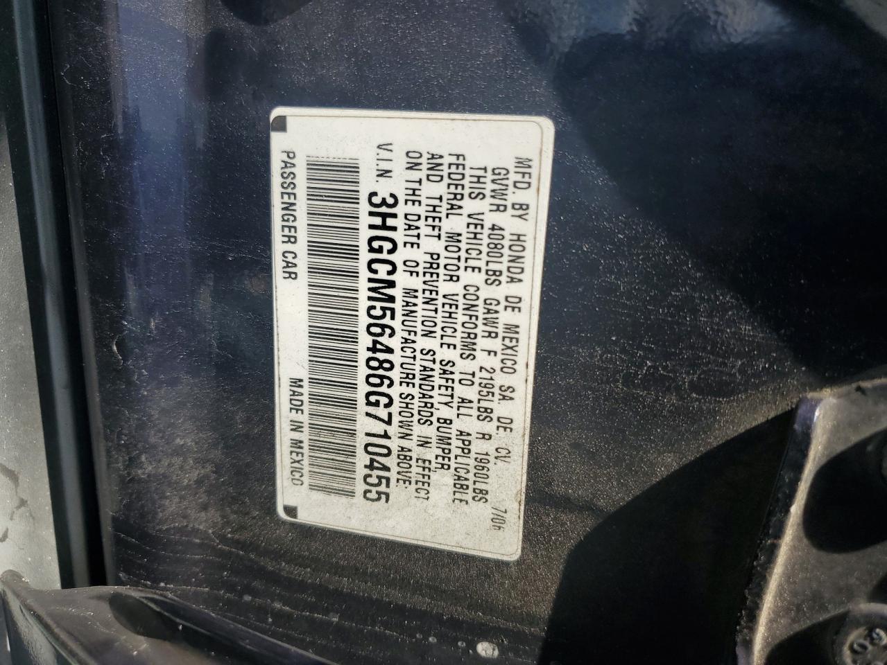 2006 Honda Accord Lx VIN: 3HGCM56486G710455 Lot: 63023415