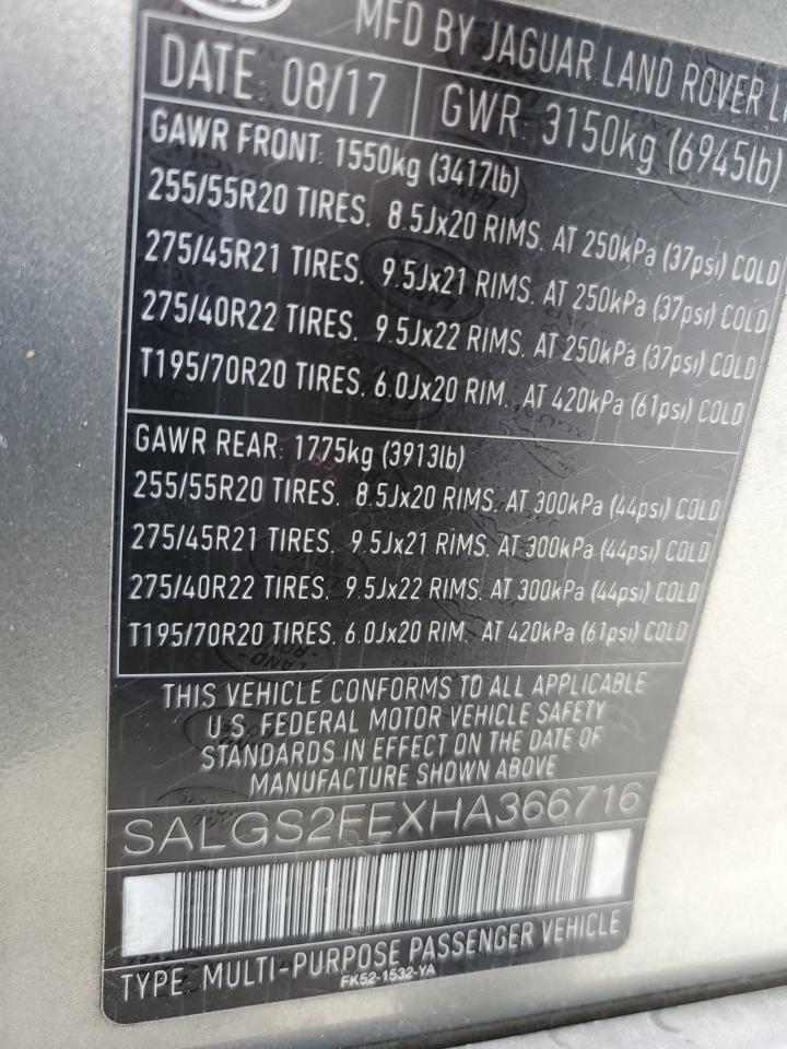 2017 Land Rover Range Rover Supercharged VIN: SALGS2FEXHA366716 Lot: 65972285