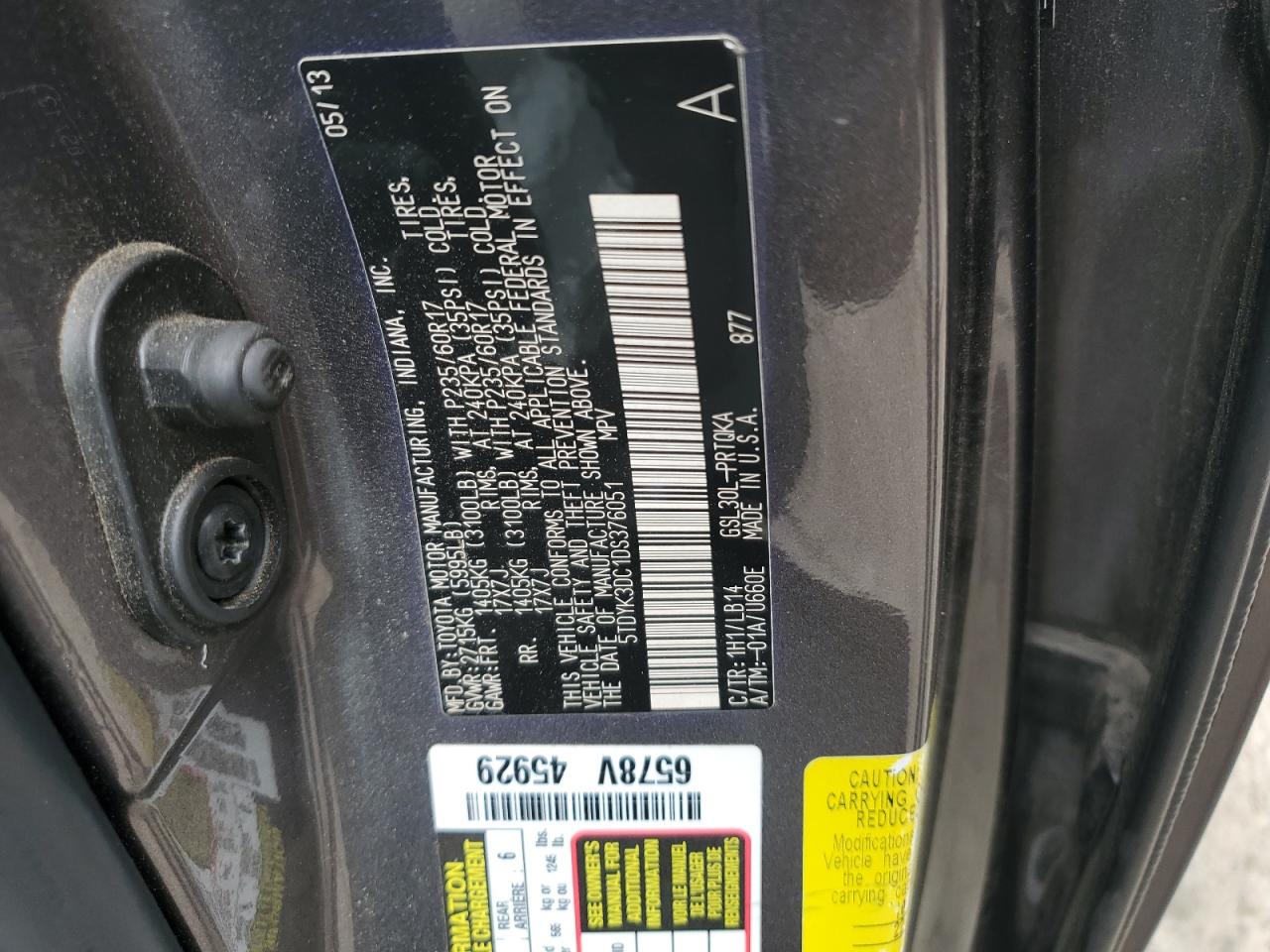 2013 Toyota Sienna Xle VIN: 5TDYK3DC1DS376051 Lot: 65176025