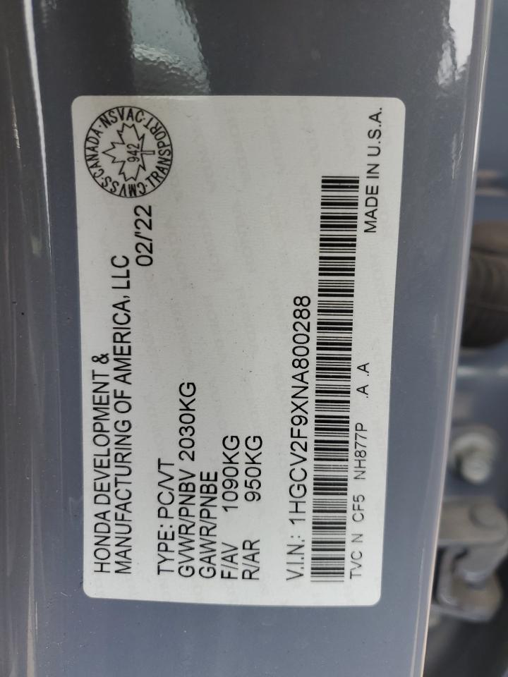 2022 Honda Accord Touring VIN: 1HGCV2F9XNA800288 Lot: 61167855