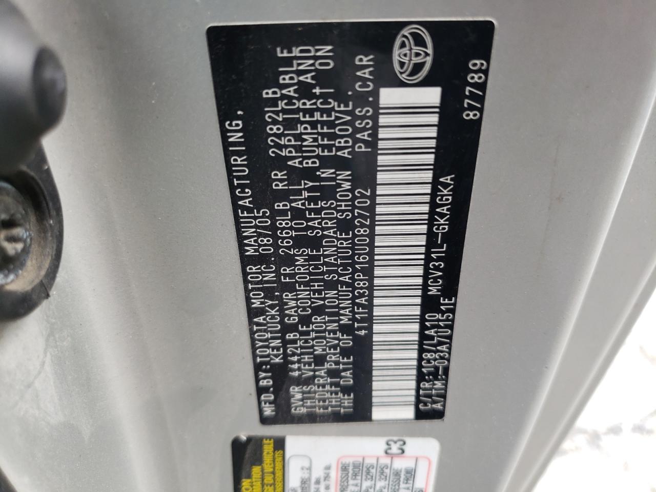 2006 Toyota Camry Solara Se VIN: 4T1FA38P16U082702 Lot: 64837465
