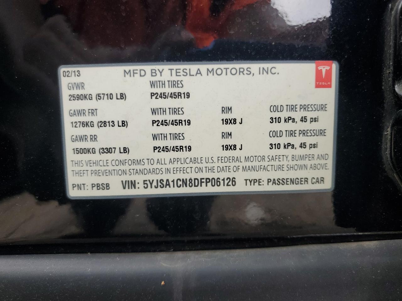 2013 Tesla Model S VIN: 5YJSA1CN8DFP06126 Lot: 63098515