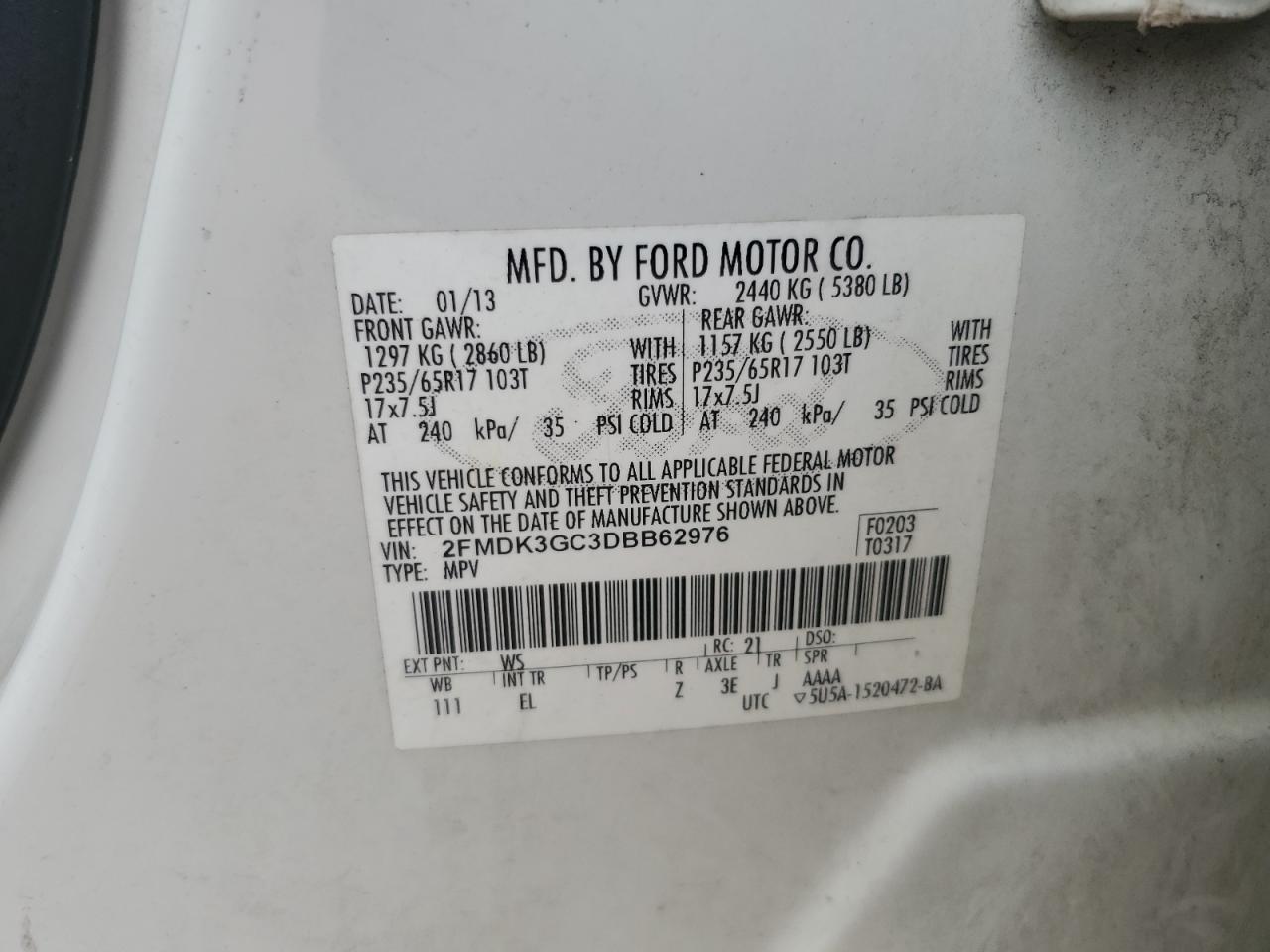 2013 Ford Edge Se VIN: 2FMDK3GC3DBB62976 Lot: 63454555