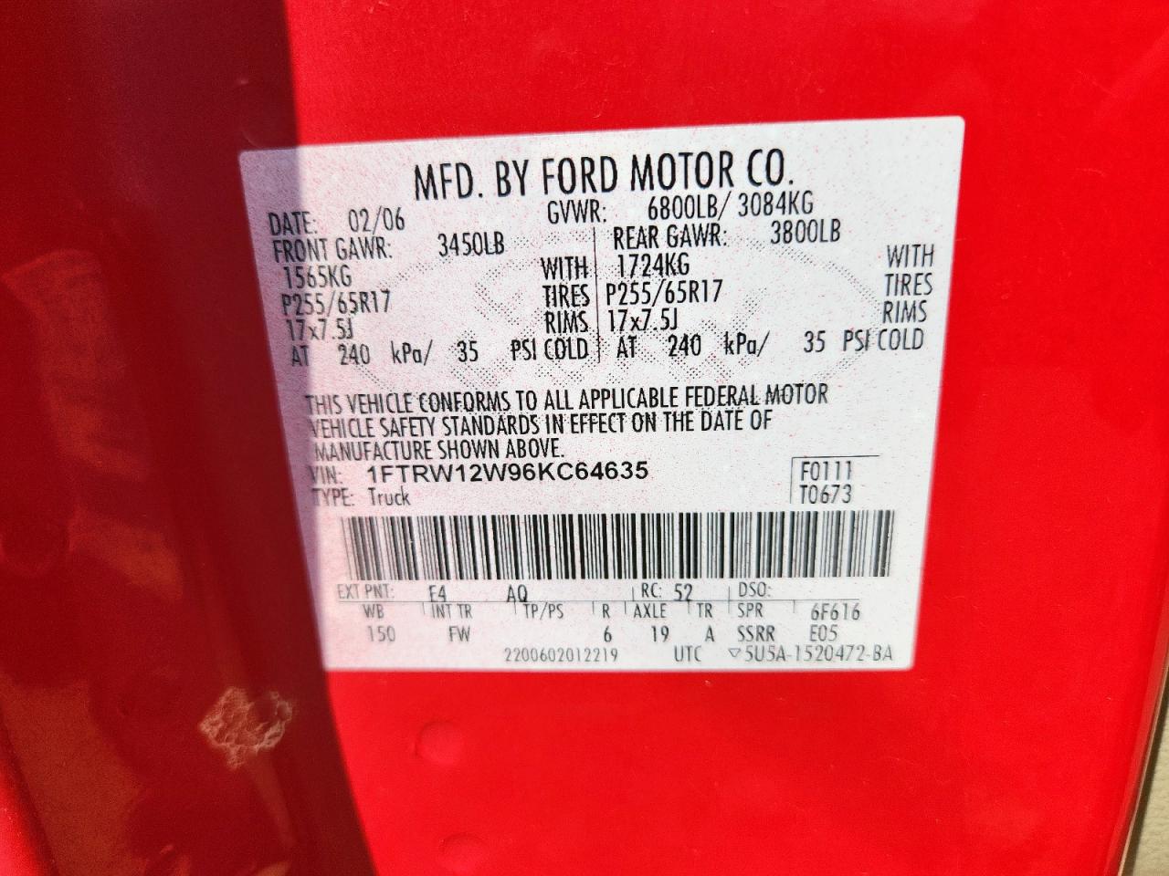 2006 Ford F150 Supercrew VIN: 1FTRW12W96KC64635 Lot: 64635425