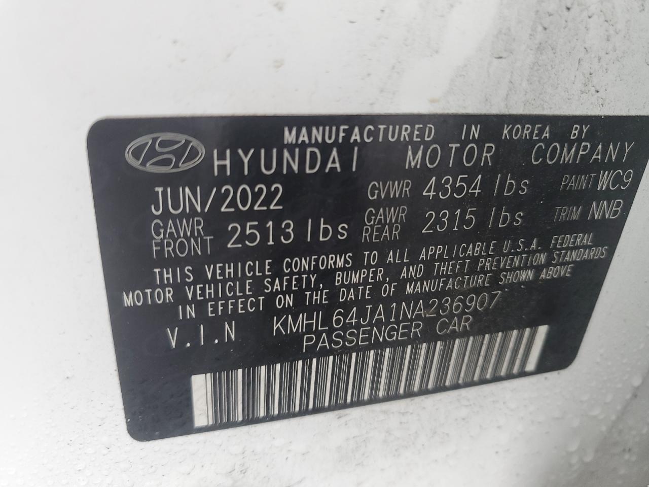 2022 Hyundai Sonata Sel VIN: KMHL64JA1NA236907 Lot: 63144525