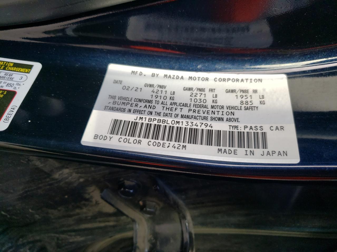 2021 Mazda 3 Select VIN: JM1BPBBL0M1334794 Lot: 63077845