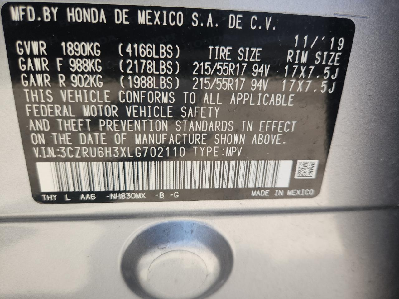 3CZRU6H3XLG702110 2020 Honda Hr-V Lx