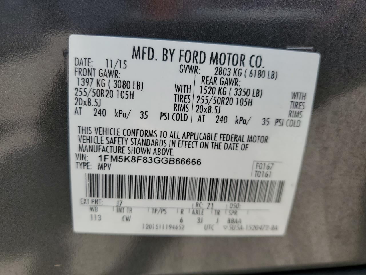 2016 Ford Explorer Limited VIN: 1FM5K8F83GGB66666 Lot: 65597965