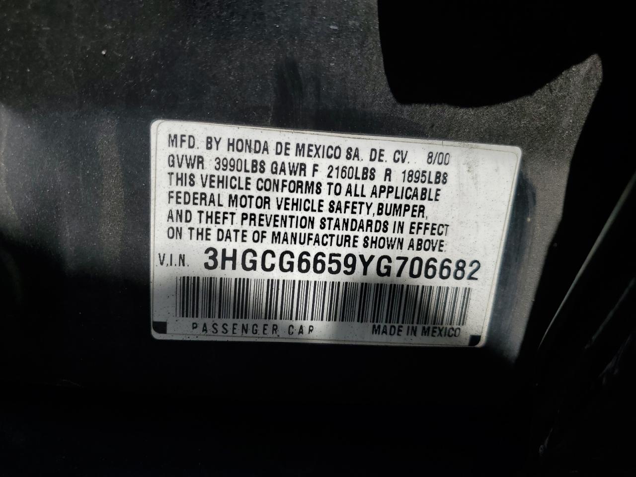 2000 Honda Accord Lx VIN: 3HGCG6659YG706682 Lot: 63531045