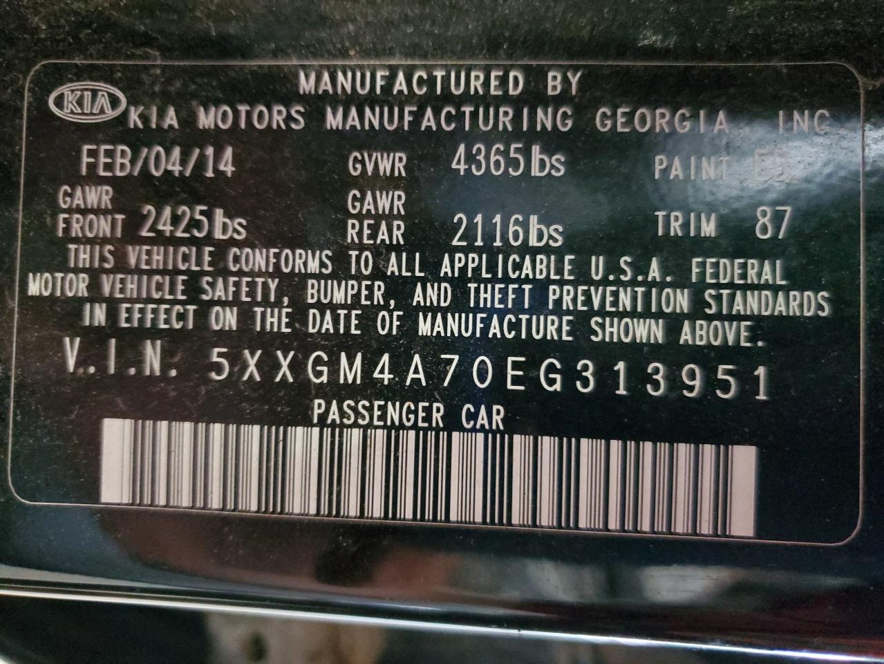 2014 Kia Optima Lx VIN: 5XXGM4A70EG313951 Lot: 63703955