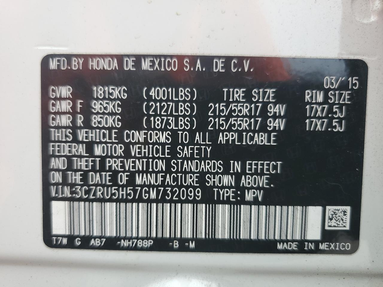 2016 Honda Hr-V Ex VIN: 3CZRU5H57GM732099 Lot: 64680895