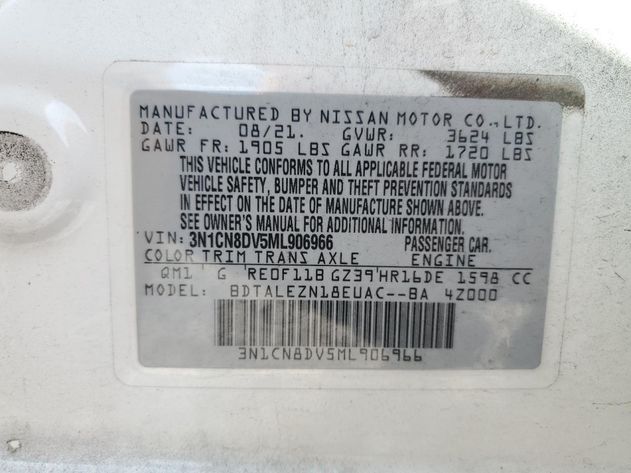 2021 Nissan Versa S VIN: 3N1CN8DV5ML906966 Lot: 63271795
