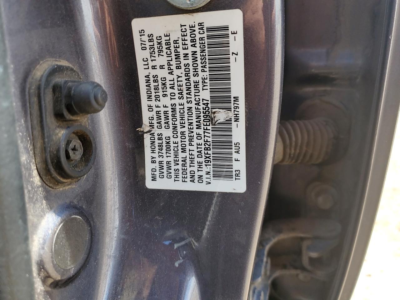 2015 Honda Civic Se VIN: 19XFB2F77FE095547 Lot: 65417575